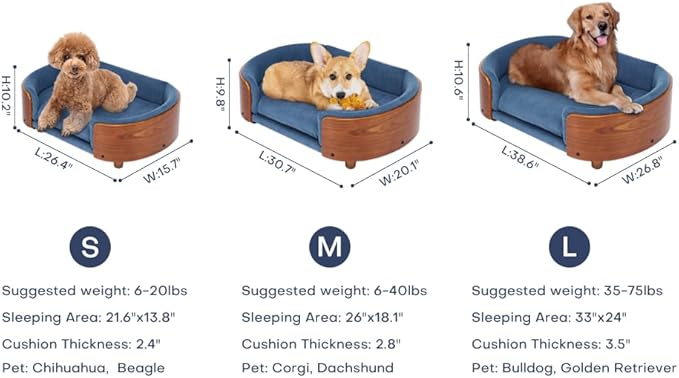 Scandinavian Style Elevated Dog Bed, Pet Sofa with Solid Wood Frame & Walnut Bent Wood Back, Orthopedic Support, Removable Washable Velvet Cover, Small Size, Dark Blue