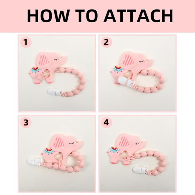 Baby Food Grade Silicone Teether Toy with One Piece Design Pacifier Clip Holder,Teething Toys Gift Set for 3 Months+ Boys and Girls,Freezer Safe,BPA Free. (Pink Elephant)