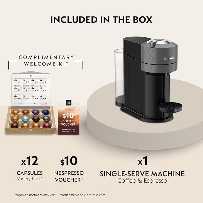 Nespresso Vertuo Next Coffee & Espresso Maker by De'Longhi | Slim, sustainable design brews 6 cup sizes topped with velvety crema, from espresso to 18 oz. Over 40 Vertuo blends.