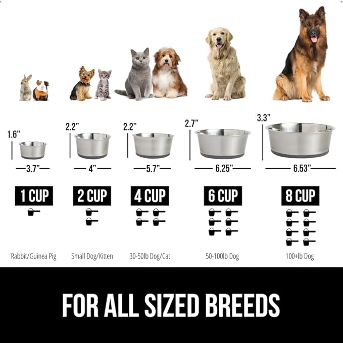 GORILLA GRIP Set of 2 Dog Bowls, Holds 6 Cups (48 fl oz), Heavy Duty Metal Food and Water Bowl for Feeding Dogs and Cats, Dishwasher Safe, Rust Resistant Stainless Steel, BPA Free Rubber Base, Gray
