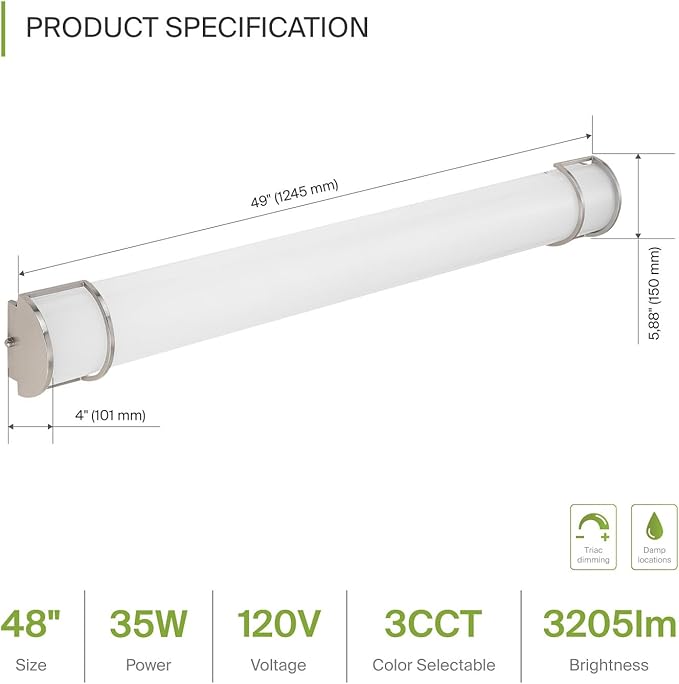 ASD LED 48" Vanity Flush Mount Light Fixture, Linear Bathroom Lighting Bar | 3CCT, Dimmable, Energy Star, ETL Listed | 35W 3200LM 3000-5000K 120V | Long Bath Wall Sconce Over Mirror | Nickel, 2 Pack