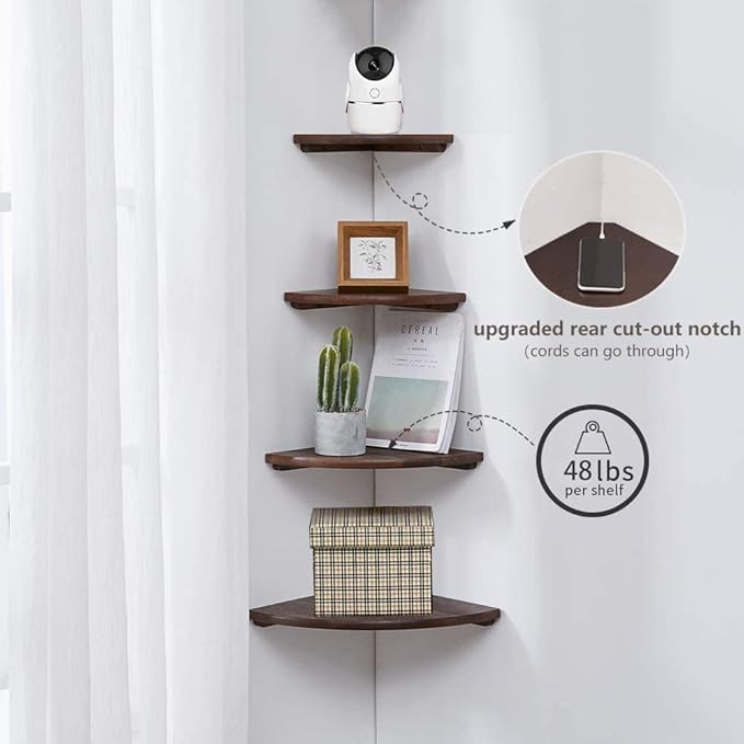 Corner Shelf,12inch Walnut Solid Wood Floating Corner Shelves Wall Mount Round End Floating Speaker Rack with Wire Hole for Small Plant for Bedroom Kitchen