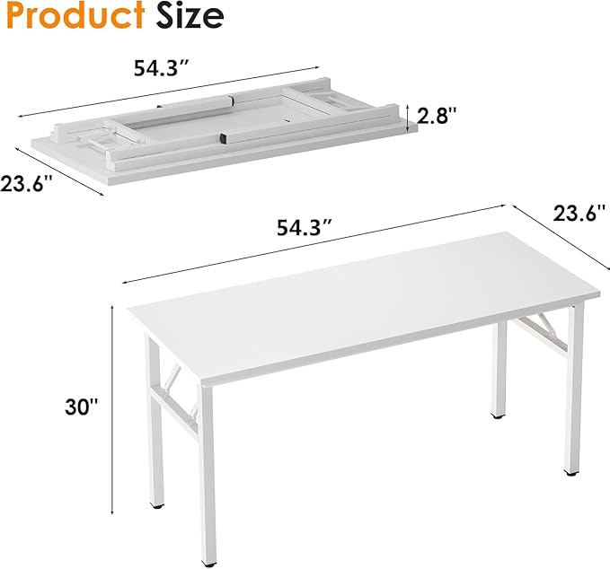 Need Office Computer Desk 54.3 Inch Sturdy Folding Laptop Table White | White Frame Writing Gaming Work Table/Foldable Home Office Desk/Sewing Table, No Assembly Required