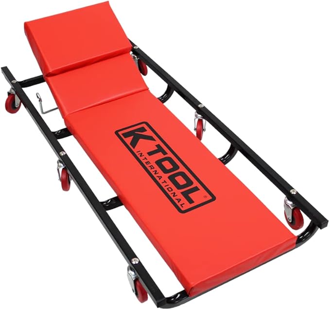 K Tool International 74961 Creeper Seat, Adjustable Headrest with Fully Padded Support, Oil Resistant Rubber Casters, Epoxy Coated Steel Frame for Shop Mobility