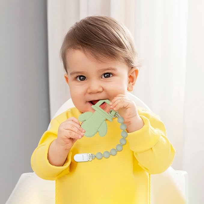 Baby Food Grade Silicone Teether Toy with One Piece Design Pacifier Clip Holder,Teething Pain Relief Toys Gift Set for 3 Months+ Boys and Girls,Freezer Safe,BPA Free. (Cacuts)