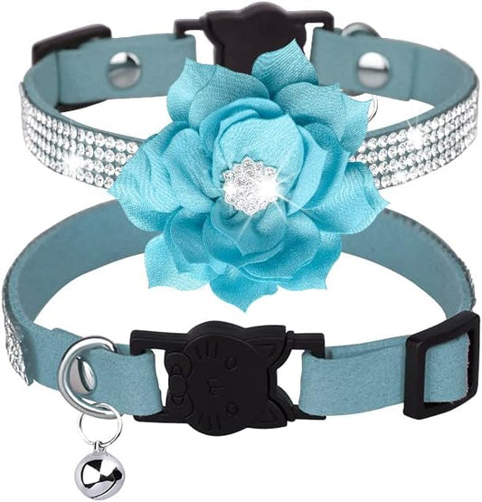 Cat Collars,Rhinestone for Girl Cats Bling Kitten Flower Adjustable Breakaway Collar with Bell Soft Velvet Leather Collar for Puppy Small Dogs (Blue1)