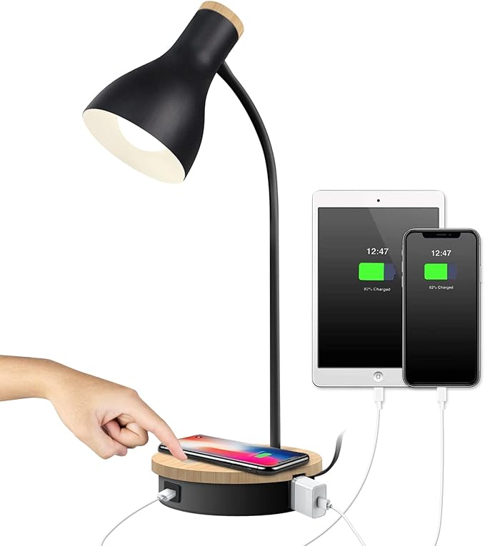 Metal Desk Lamp Wireless Charging Table Lamp Touch Reading Lights Arc Desk Lamps for Bedroom, 3 Way Dimmable Bedside Lamp with USB Charging Ports Lamp for Study Room and Office (Black)