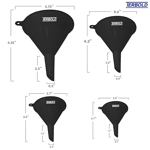 4pc Funnel Nesting Set in BPA Free Plastic for Kitchen Cooking, Car Oil, Home, or Lab Use (Black)