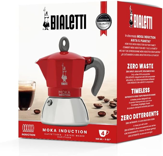 Bialetti - Moka Induction, Moka Pot, Suitable for all Types of Hobs, 4 Cups Espresso (5.7 Oz), Red