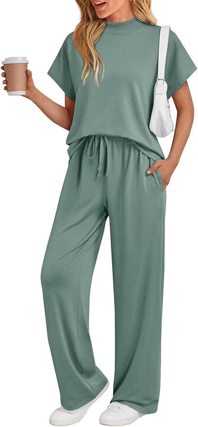 AUTOMET Women's 2 Piece Matching Lounge Sets 2026 Summer Mock Neck Sweatsuits Short Sleeve Loungewear Travel Outfits