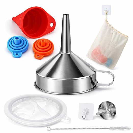 No-Spill Funnel Set with Strainer for Hot Oil,3 Collapsible Silicone Funnels & 1 Stainless Steel Funnel,Food Grade,with Brush,Hook & Storage Bag for Filling Bottles,Liquids,Dry Ingredients