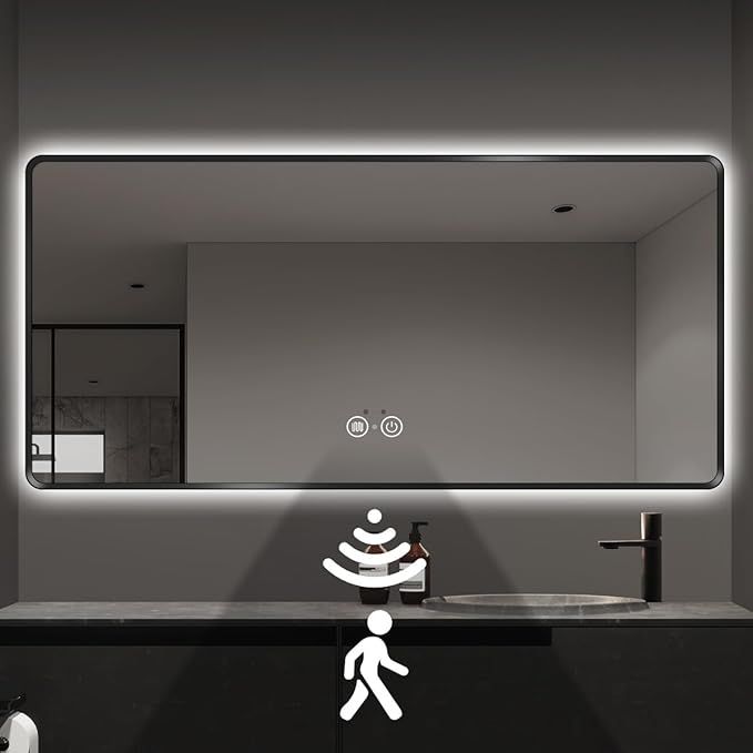 36"x48" Black LED Bathroom Mirror, Metal Framed Rounded Corner Rectangle Backlit Mirror Bathroom, Anti-Fog, 3-Color Stepless Dimmable Lighted Mirror, Motion Sensor Lights, Memory Function