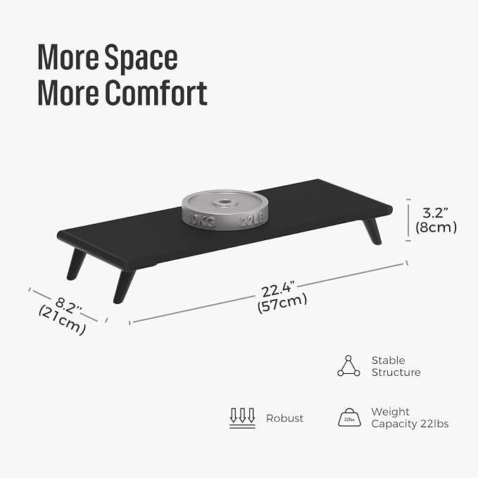 loukin Monitor Stand Riser for Desk, 22.4" x 8.3" Larger Computer Stand for Laptop, PC, Printer, Sturdy Desktop Computer Shelf with Non-Skid Rubber, Home Office (Black)
