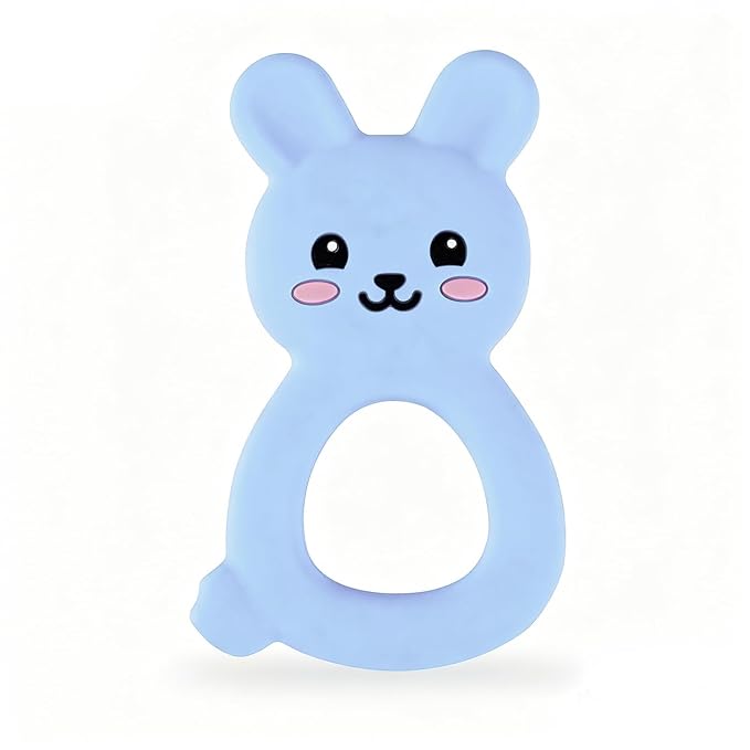 Silicone Bunny Baby Teether Toy for 3-12Months, Easy-Grip Chew Toy with Textured Ears for Sensory Exploration, Food-Grade Silicone, Freezable & Dishwasher Safe (Blue)