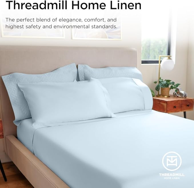 Threadmill Luxury 800 Thread Count Queen 100% Cotton Sheets - Light Blue Sateen Weave Bed-Sheets, Better Than Egyptian Cotton,4 Pc Solid Soft Bedding Set, Fits 16" Deep Pocket