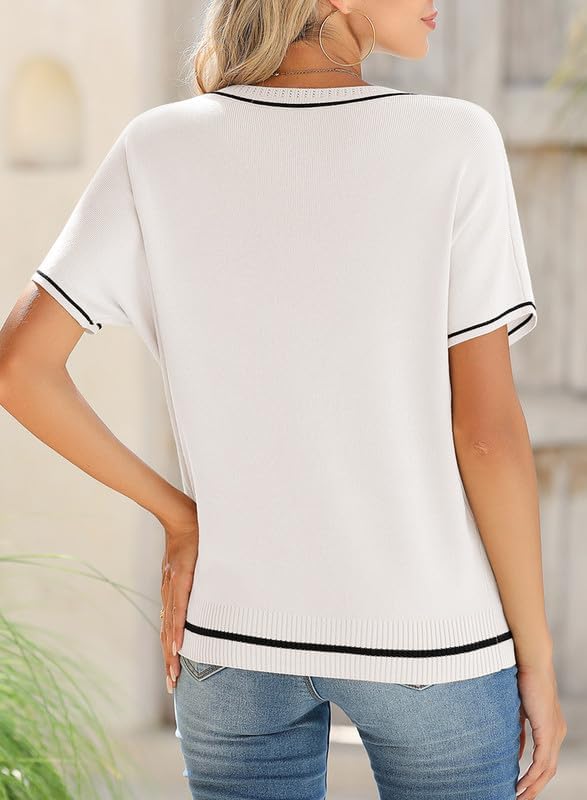 SHEWIN Womens Tops Trendy Short Sleeve Shirts Crewneck Lightweight Knit Sweater Top Business Casual Outfits