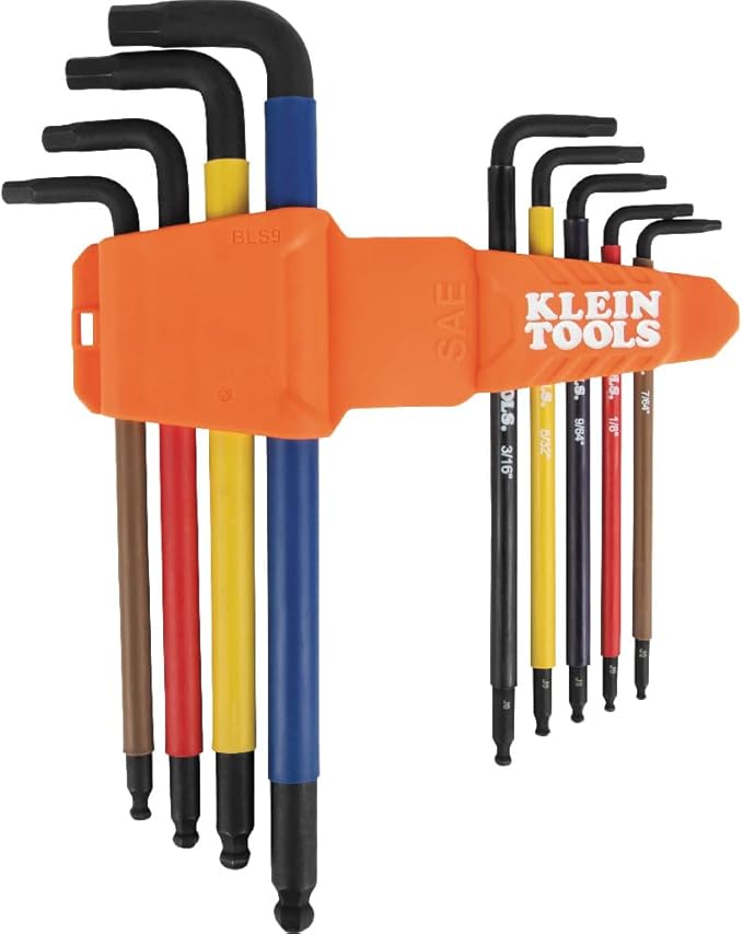 Klein Tools BLS9 9-Piece Extra-Long Hex Key Set, SAE Color-Coded L Style Ball-End Keys with Caddy, Heat-Treated, Sizes 7/64-Inch to 3/8-Inch