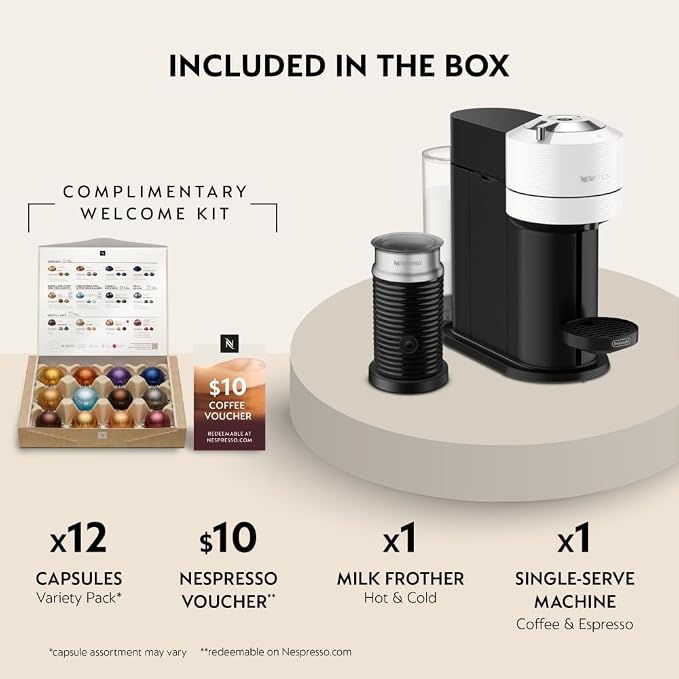 Nespresso Vertuo Next Coffee Machine with Milk Frother, White | Coffee and espresso maker by De'Longhi with slim design. Aeroccino3 frother bundle for hot or cold foam drinks at home.