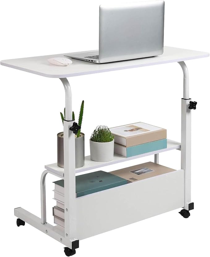 Adjustable Height Mobile Computer Desk for Small Space Rolling Writing with Wheels Corner Home Office Study Portable Bedrooms Work Desk Standing Table Sizes 31.5X15.7 Inches White