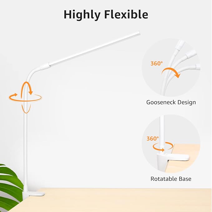 Lepro Small Desk Lamp with Clamp, LED Reading Lamps, 460LM, 5W, White | 3 Color Modes 10 Brightness, Dimmable USB Clip on Desk Light with Gooseneck Swing Arm for Nail, Home Office and Dorm