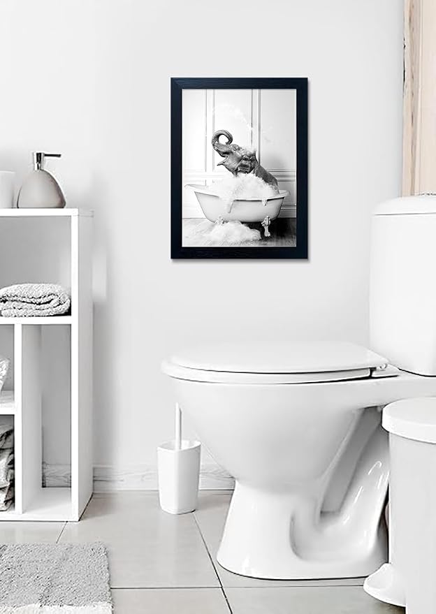 Framed Bathroom Art Wall Decor Elephant in Bathtub Decor Funny Black and White Animal Canvas Print Paintings for Bathroom