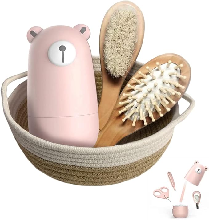 Baby 7 in 1 Grooming Set, Nail Scissors, Nail File, Tweezers, Natural Wood Hair Comb, Storage Basket for Children and Newborns in Beautiful Gift Box
