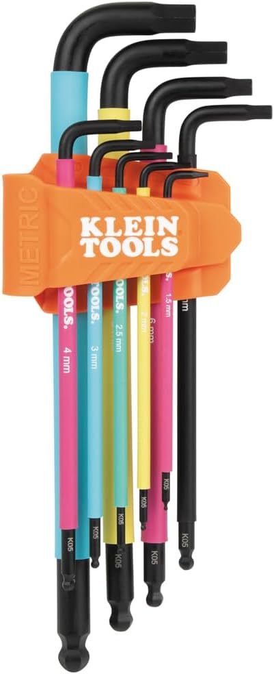 Klein Tools BLS9M 9-Piece Metric Ball End Hex Key Caddy Set, Color-Coded L Style, Extra-Long, Heat-Treated, 1.5 to 10 mm