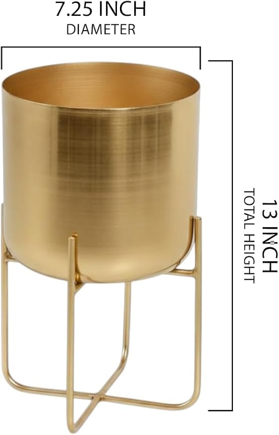 Serene Spaces Living (Set of 4 Short Gold Planter with Detachable Metal Stand, Decorative Indoor Planter Pot, Flower Pots Stand for Living Room, Kitchen, Office, Measures 13" Tall and 7.25" Diameter