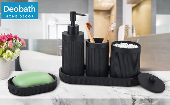 Bathroom Accessory Set 5Pcs-Lotion Soap Dispenser,Toothbrush Holder,Qtip Holder Dispenser,Vanity Tray and Soap Dish-Modern Bathroom Decor Vanity Countertop Organizer,Matte Black