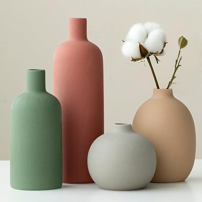 Modern Ceramic Vase Set, Neutral Colors, Decorative Vases for Home Decor, 4 Piece Collection (Green Mix Set 4)