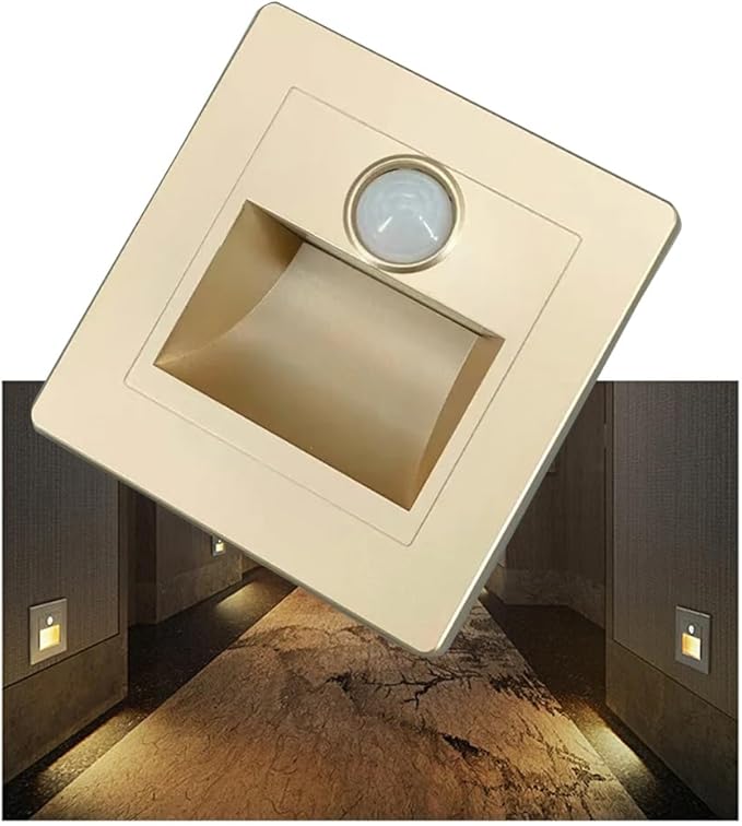 Motion Sensor Stair Lights 3W 3000K Recessed LED Step Light Indoor Stair Step Wall Lamp Staircase Bedroom Decoration 1Pcs Gold