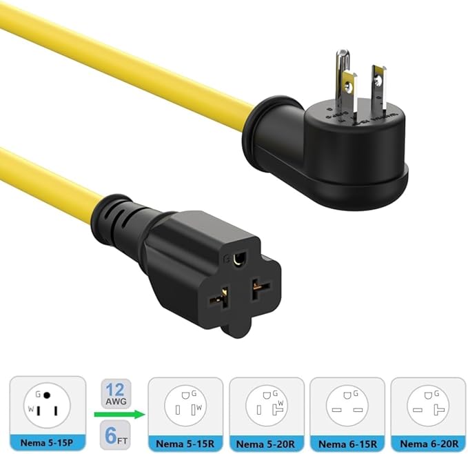 6FT Heavy Duty 15Amp Right-Angle Extention Cable, 12AWG 90-Degree 15 Amp Household Plug to 20 Amp T Blade Adapter cord, Nema 5-15P to 5-20R,5-15P to 6-15R/20R, 125V 15A to 20A AC Power Cable Extension