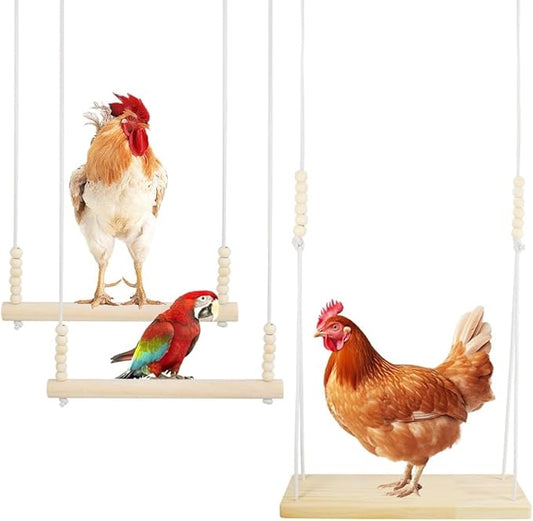 3PCS Chicken Swing, Natural Wood Chicken Toys for Coop, Easy Install Chicken Run Accessories, Adjustable Wood Stand for Hens Poultry Rooster Bird Parrot