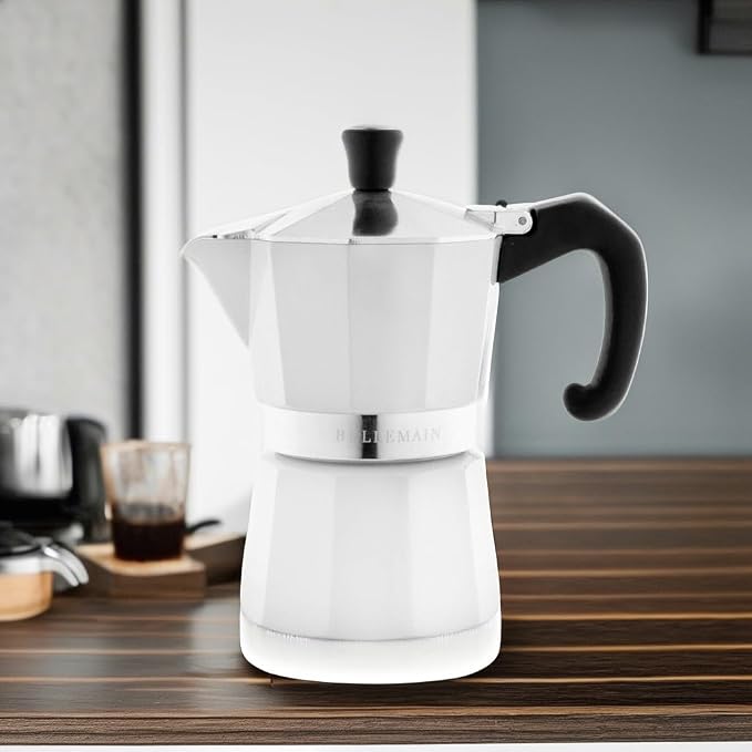 Bellemain Stovetop Espresso Maker Moka Pot (White, 3 Cup) | Classic aluminum design brews rich espresso at home or camping, with an easy-to-use and easy-to-clean design.
