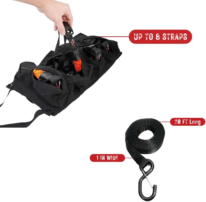 TorkStrap M500 Bundle | 14' x 1'' Spring Loaded Tie Down Straps with Carry Bag and 20' Extensions- 1,500LB Max Load - Just Pull Alternative to Ratchet Straps - Integrated Soft Loops (2-Pack)