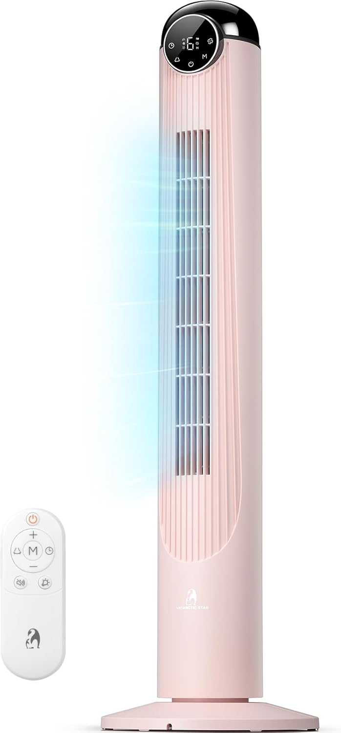 Antarctic Star T42 Tower Fan, 42 Inch Bladeless Oscillating Fan with Remote, 6 Speeds & 4 Modes, LED Display, 9H Timer, Quiet Floor Standing Fan for Bedroom Living Room Office, Pink