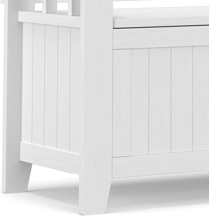 SIMPLIHOME Acadian Entryway Storage Bench - 36 inch Wide Solid Wood Small Hallway Seat in White, Transitional Bench for Mudroom or Entryway with Lift-Up Lid, 2 Compartments and Slatted Backrest