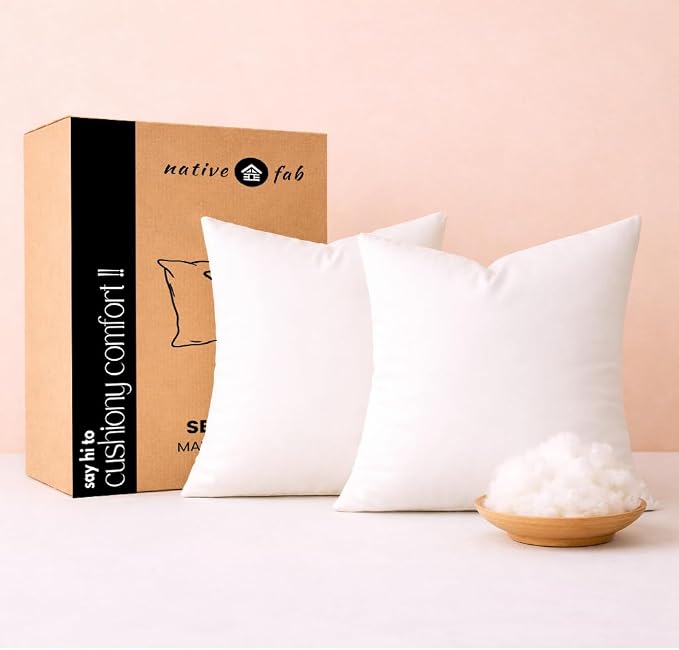 Native Fab Decorative Pillow Inserts, Pack of 2, 20x20 Inches, White Polyester, Fluffy Square Cushion Fillers for Sofa, Bed, Chair, Living Room, Premium Plush Home Décor & Back Support