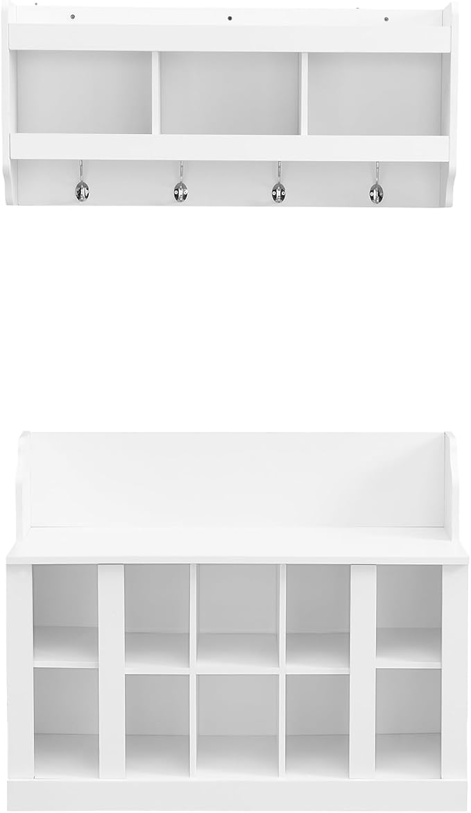 Hall Tree Entryway Coat Rack Shoe Storage Bench with Shelves and 4 Hooks, Modern Elegant Hall Tree with Wall Mounted Coat Rack, Entryway Organizer for Entryways, Mudroom (White)