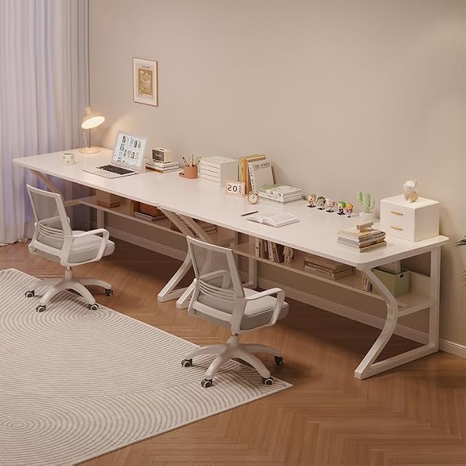 OSCHF 71-Inch Extra Long Desk with Storage Shelf, Warm White | Double Long Writing Table, Space-saving, 2-Person Workstation, Modern Study Work Computer Desk, For Home Office