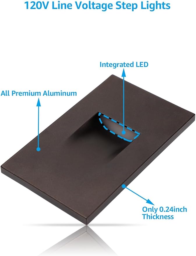LEONLITE 3CCT 120V LED Step Lights, 3.5W 110LM 5%-100% Dimmable Indoor Outdoor Waterproof Vertical Stair Light, 3000K/4000K/5000K Selectable, CRI90, ETL, Aluminum, Oil Rubbed Bronze, Pack of 3
