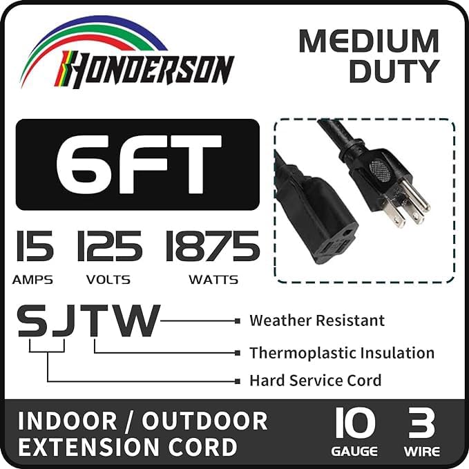 Indoor Outdoor Extension Cord Weatherproof, UL Listed, 10 Gauge 6FT Black 3 Prong Heavy Duty, 10/3 SJTW 15A Power Cord for Outdoor Lights, Appliances, Lawn