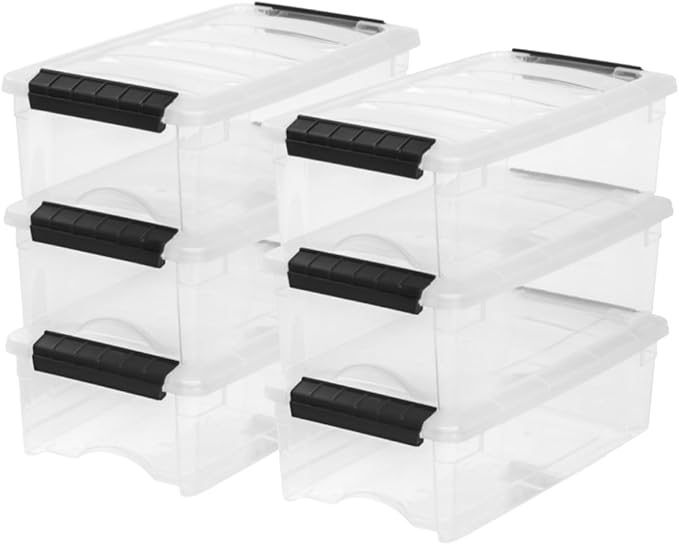 IRIS USA 6-Pack Storage Bins with Lids, 6 Quart, Made in USA Stackable See-Through Organizing Solution Latches Durable Nestable Containers Secure Pull Handle, BPA-Free Plastic