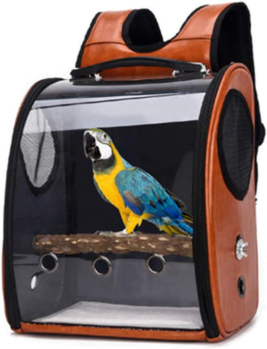 Bird Carrier Clear Parrot Outing Backpack APET Transparent Acrylic Bird Travel Carrier Parrot Travel Cage Panoramic Pet Backpack for Puppy Kitten 33x38x17cm (Brown)