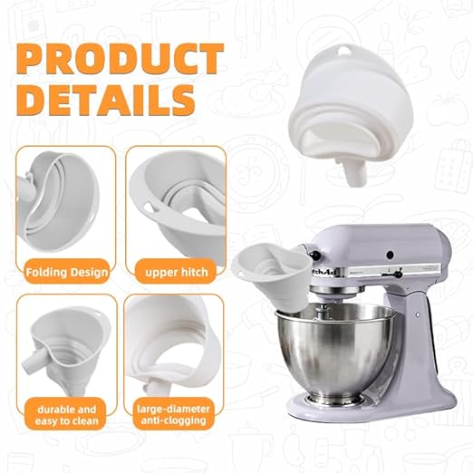 Flour Funnel for Kitchen Aid&Cream Scraper Set, Silicone Food-Grade | Stand Mixer | Leak-Proof Large Capacity Collapsible Design (White, Ordinary * 1 + Cream Scraper Set)