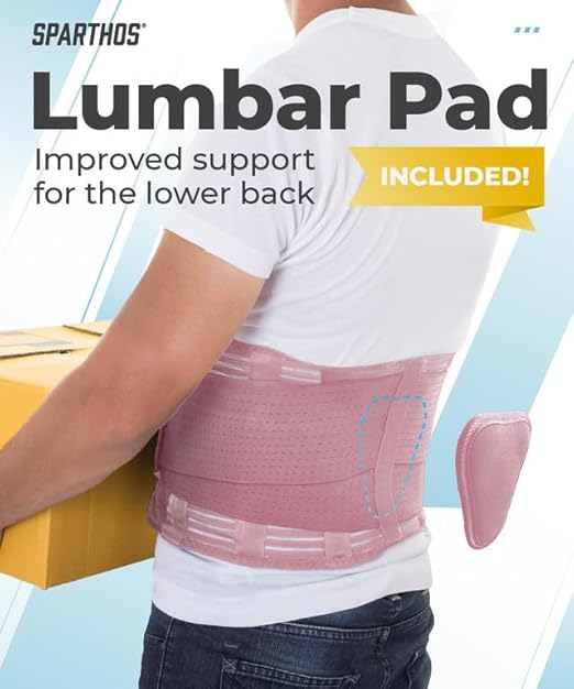 Sparthos Back Support Belt - Immediate Relief from Back Pain, Herniated Disc - Breathable Brace With Lumbar Pad - Lower Backbrace - For Men & Women - Fits 24–31″ Waist (Pink-XS, Check Size Chart)
