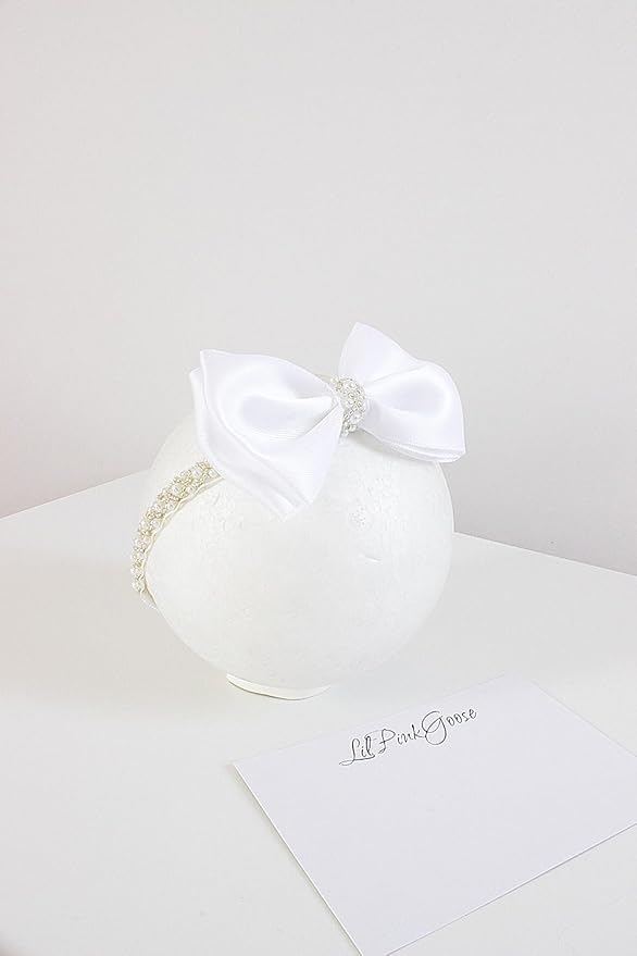 0-12 Newborn Baby Baptism Pearl Headband or Clip with Bow in WHITE Christening Headband with Satin Bow, Pearl Rhinestone Band (Pink(3-6Months), 1 Count (Pack of 1))
