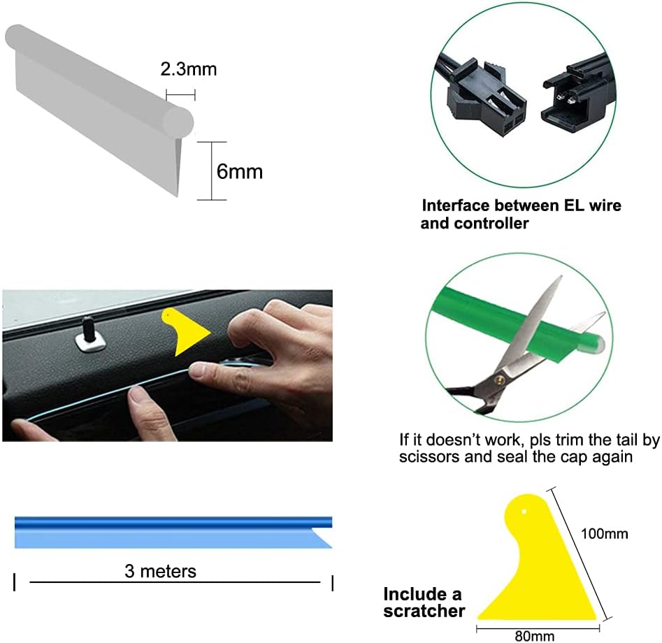 El Wire Lemon Green Interior Car LED Strip Lights, 3M Neon Wire USB 5V with Fuse Protection for Automotive Interior Decoration, with 6mm Sewing Edge