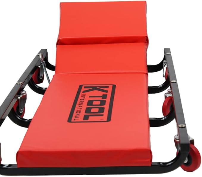 K Tool International 74961 Creeper Seat, Adjustable Headrest with Fully Padded Support, Oil Resistant Rubber Casters, Epoxy Coated Steel Frame for Shop Mobility