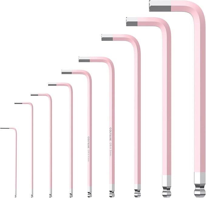 COLFULINE 9 PCS PINK Allen Key Set, Long Ball End Hex Key Set, Cr-V Allen Wrench Set for Women, Size 1.5-10mm with Colour-Coding for Best Gifts and Home Repair